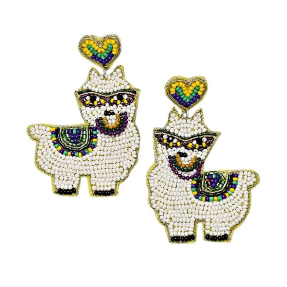 Mardi Gras Party Llama Seed Bead Drop Earrings NEW - Picture 1 of 2